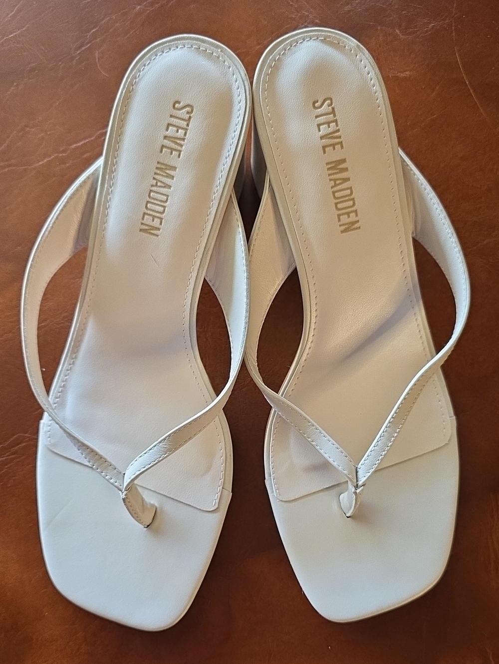 Steve Madden White Square Toe Thong Heels